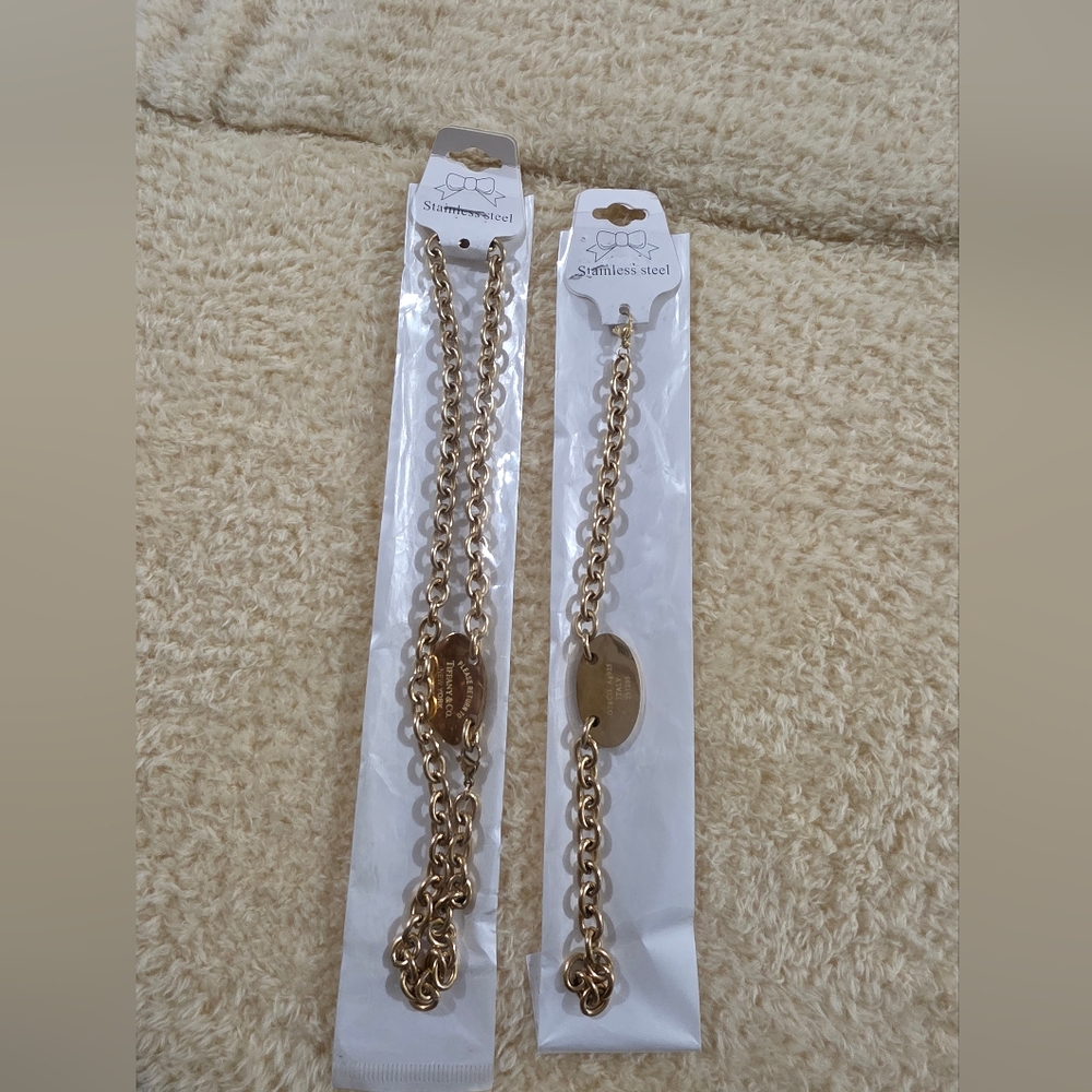 Stainless Steel Gold-Tone Chain Bracelet with Oval Tag